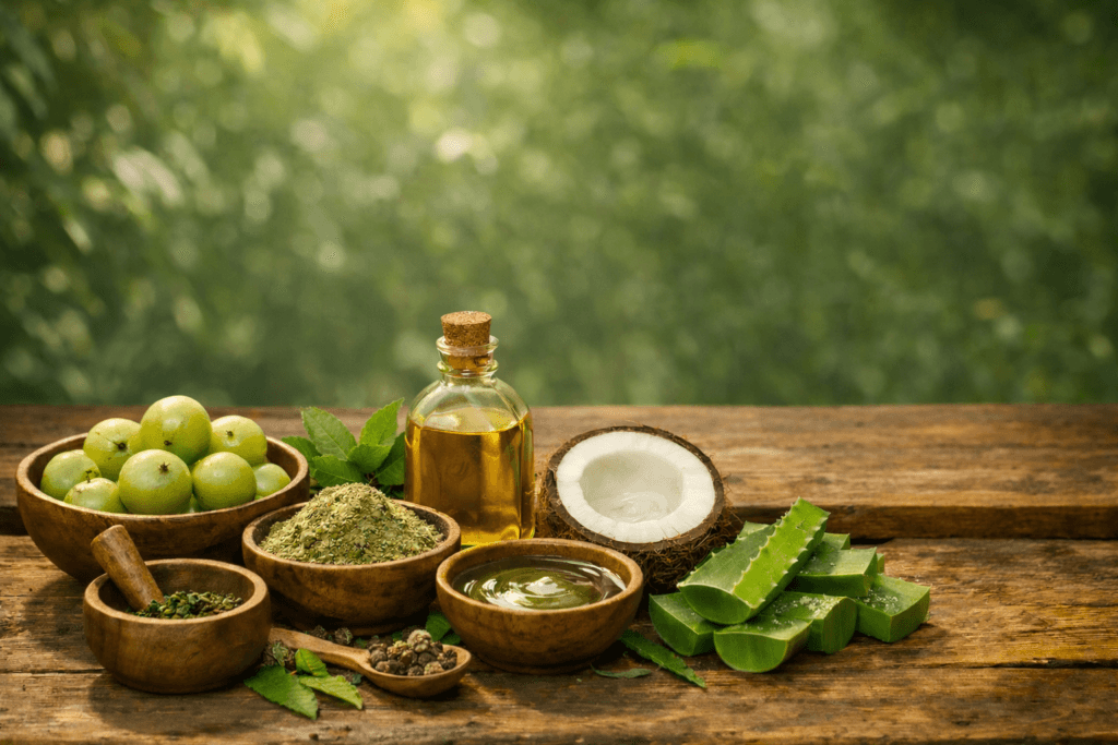 बाल झड़ने का सबसे अच्छा आयुर्वेदिक इलाज जिसमें आंवला, भृंगराज और हर्बल तेलों से बाल जड़ से मजबूत होते हैं