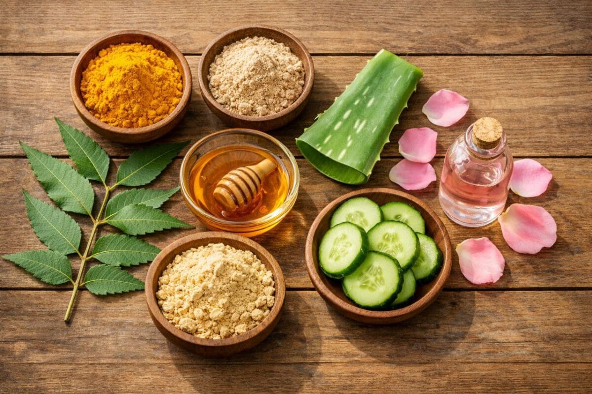 चमकदार त्वचा के लिए आयुर्वेदिक सामग्री जैसे हल्दी, चंदन, एलोवेरा, नीम और शहद