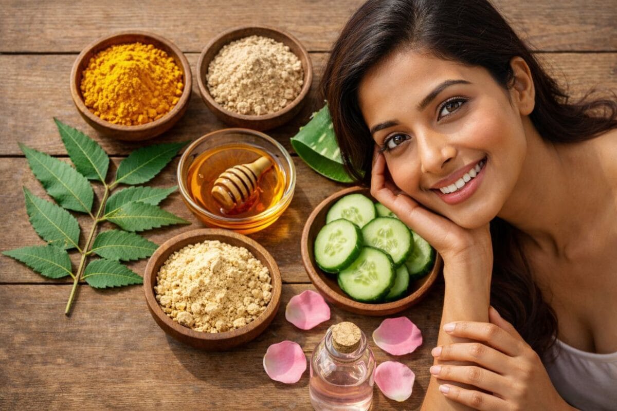 चमकदार त्वचा के लिए आयुर्वेदिक सामग्री जैसे हल्दी, चंदन, एलोवेरा, नीम और शहद