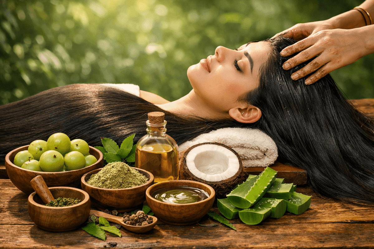 Hair Fall Treatment in Ayurveda using natural herbs like amla, bhringraj and aloe vera for stopping hair fall from roots