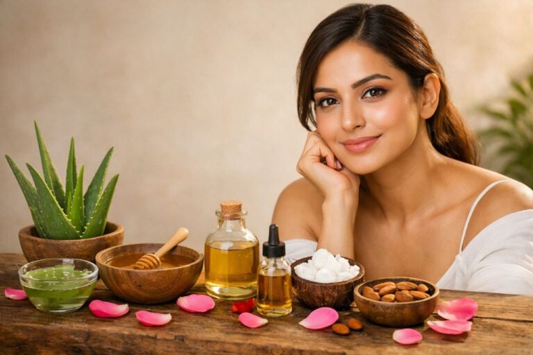 natural skincare routine for dry skin से जुड़ा नेचुरल स्किन केयर रूटीन जिसमें एलोवेरा, शहद और तेल शामिल हैं