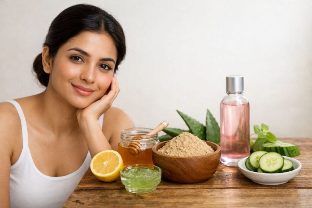 home remedies for oily skin using natural ingredients like aloe vera, multani mitti, rose water and lemon for oil control and glowing skin