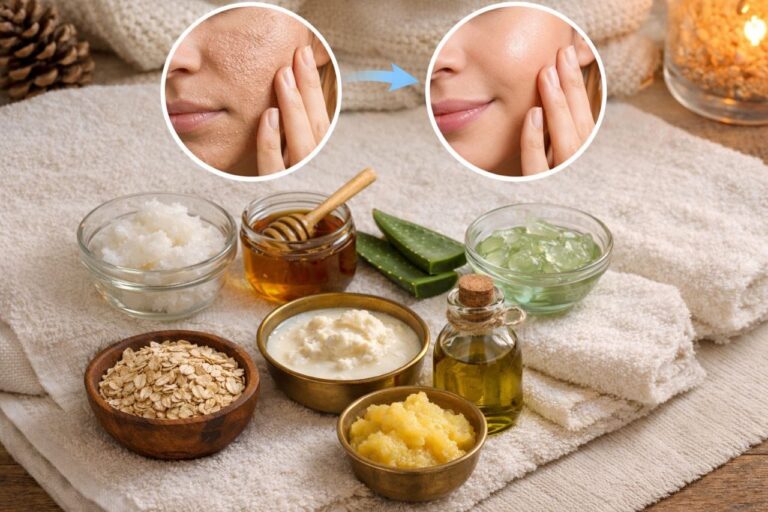Best Home Remedies for Dry Skin in Winter using natural ingredients like coconut oil, honey, aloe vera, milk, oatmeal and ghee