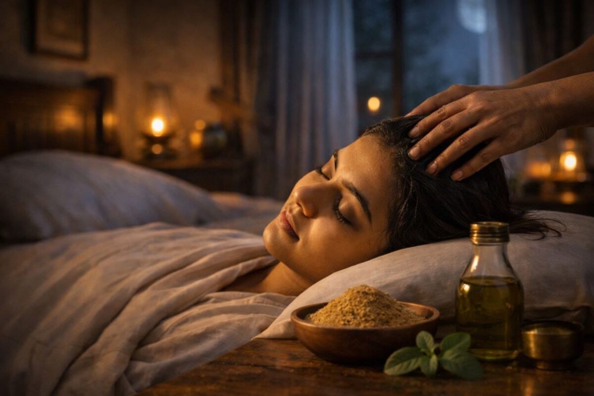 Ayurvedic remedies for sleeplessness at night with brahmi oil massage