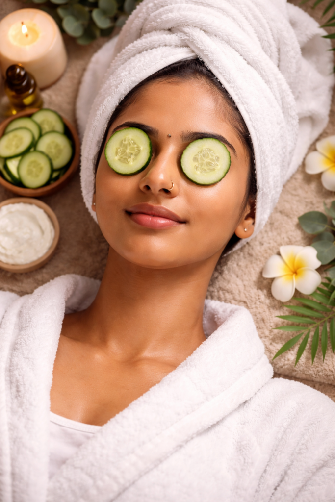 Cucumber slices placed on eyes to reduce dark circles