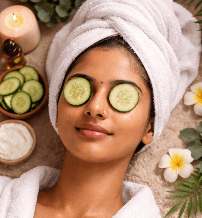 Cucumber slices placed on eyes to reduce dark circles