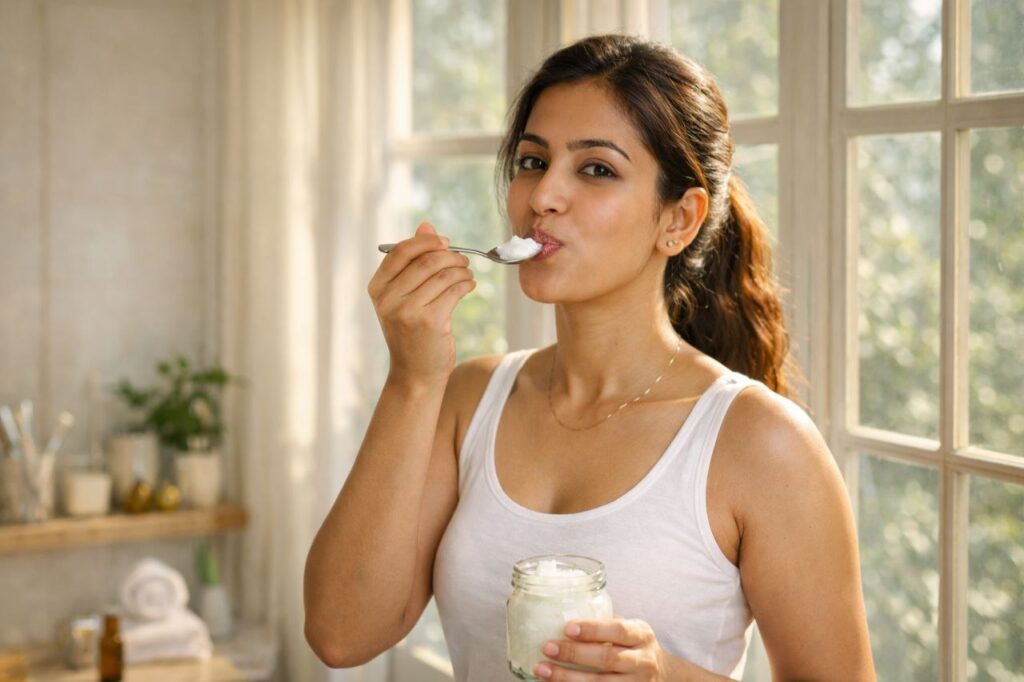 Oil pulling for beginners guide morning routine – सुबह oil pulling करते हुए महिला