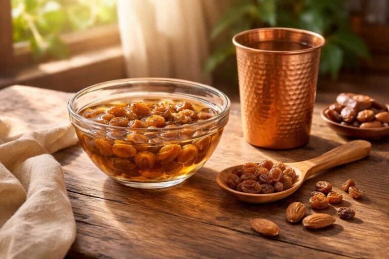 Bowl of soaked raisins and almonds