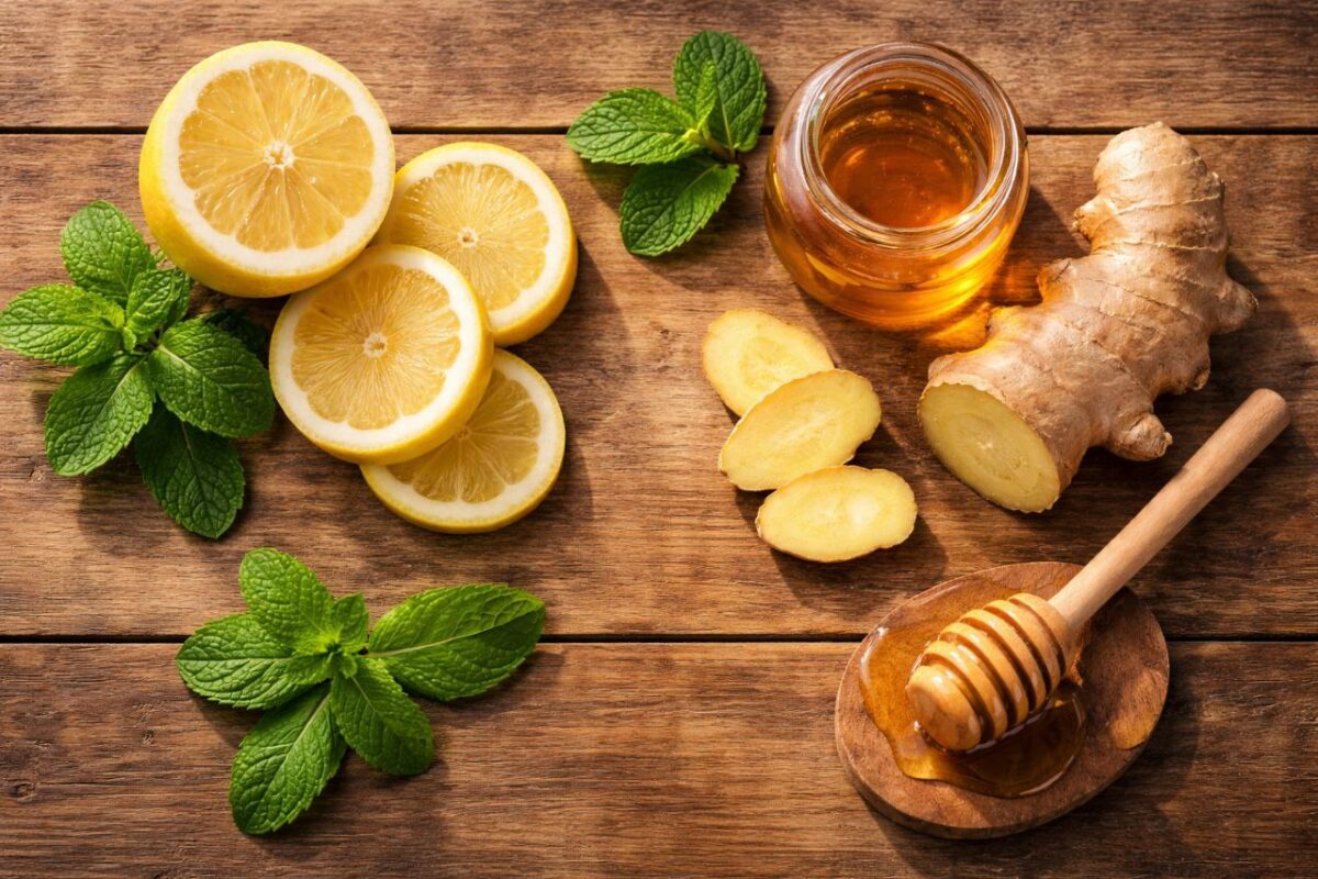 Ingredients of Morning Drink for Glowing Skin ingredients of empty stomach morning drink for glowing skin lemon honey ginger mint
