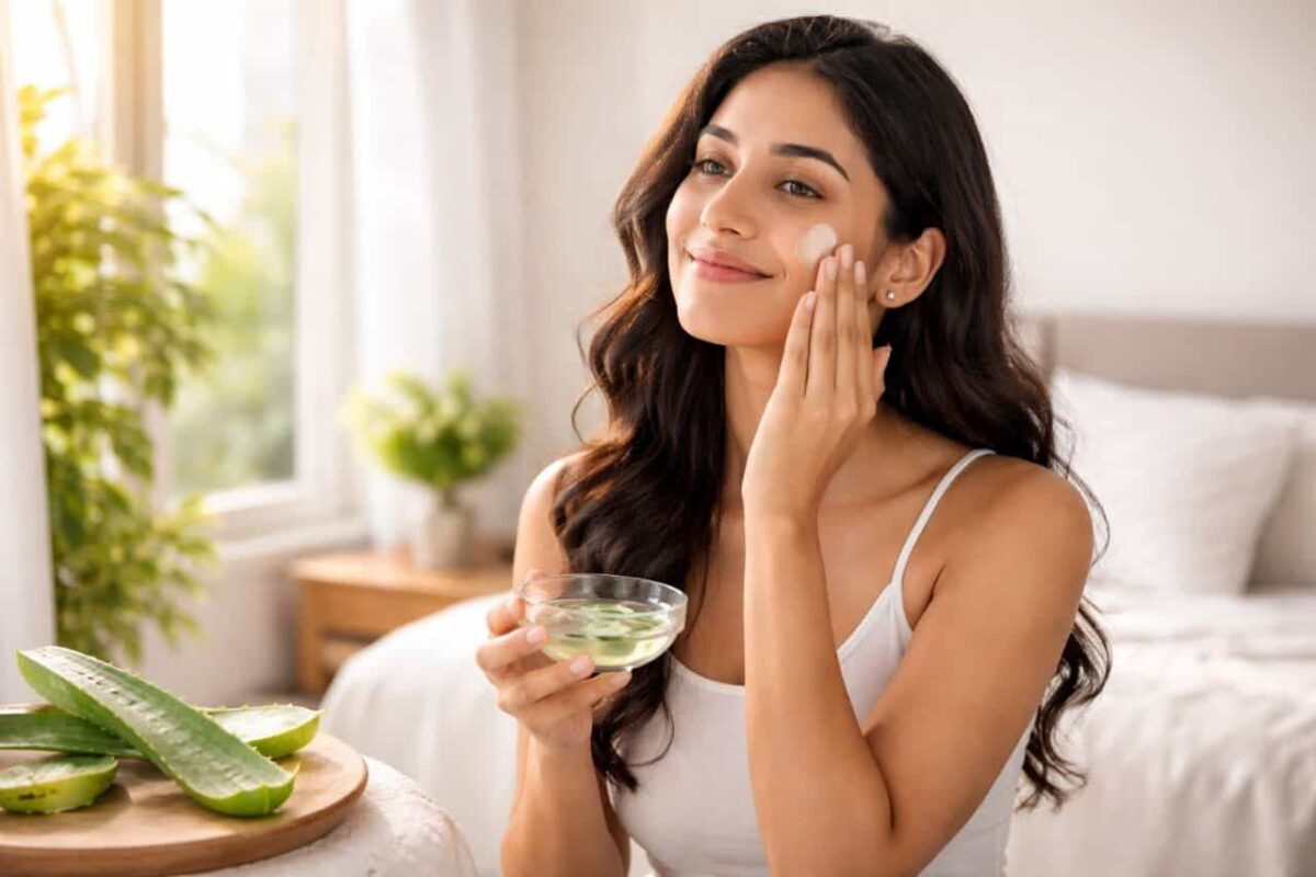 Indian woman reading health article on smartphone in morning