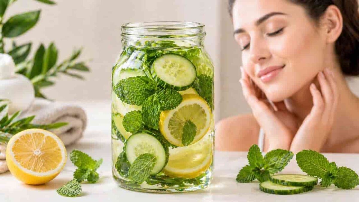 Detox Water for Glowing Skin Natural Beauty Drink glowing skin के लिए detox water खीरा नींबू पुदीना ड्रिंक