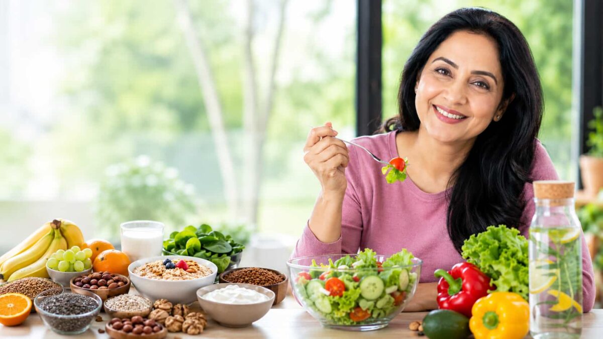 40 वर्ष से अधिक उम्र की महिला हेल्दी भोजन का आनंद लेते हुए, सामने फल, सब्जियां, दूध, दही, नट्स और पौष्टिक खाद्य पदार्थ रखे हुए, महिलाओं के स्वास्थ्य और संतुलित आहार की अवधारणा।
