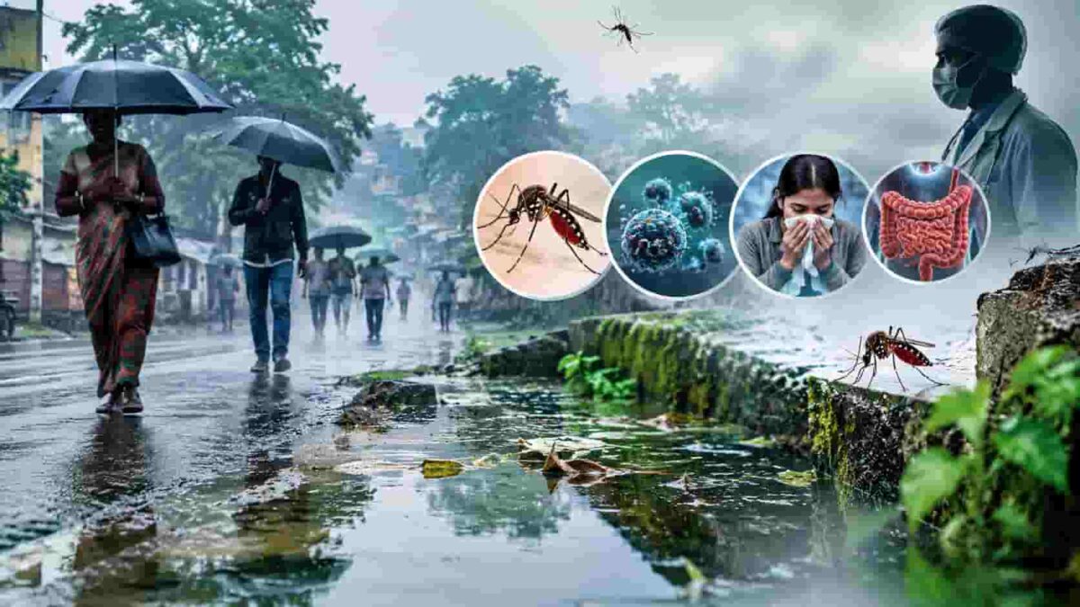Monsoon Diseases during rainy season showing mosquito-borne and water-borne disease risks