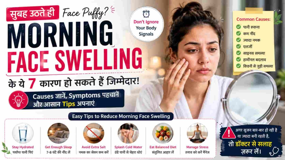Morning Face Swelling से परेशान महिला आईने में अपना चेहरा देखते हुए, सुबह चेहरे पर सूजन के संभावित कारणों को दर्शाती तस्वीर।