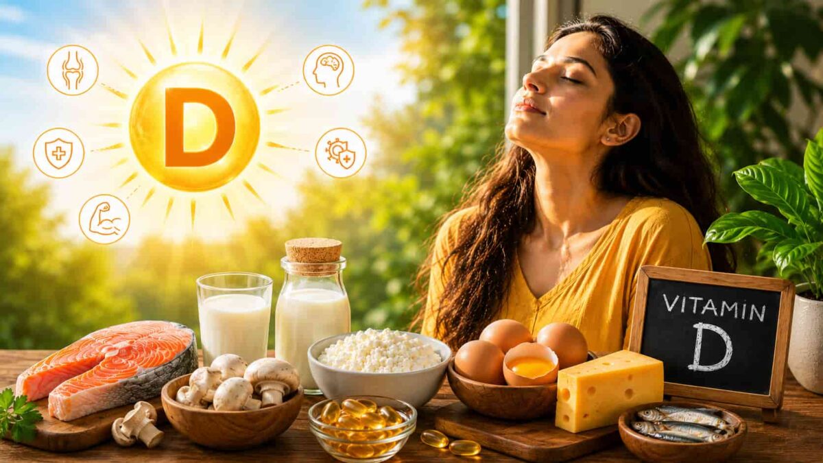Illustration showing Vitamin D Deficiency Symptoms including fatigue, bone pain, muscle weakness, hair loss, frequent illness and natural ways to improve Vitamin D.