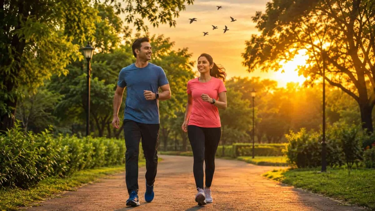 Evening Walk Ke Sabse Bade Fayde for Better Health Healthy Indian couple enjoying an evening walk in a green park at sunset for better health and fitness.