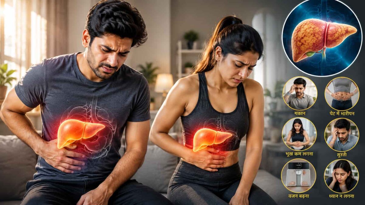Fatty Liver Early Signs in Hindi – थकान और पेट के दाहिने हिस्से में दर्द जैसे शुरुआती संकेत दिखाता हुआ व्यक्ति।