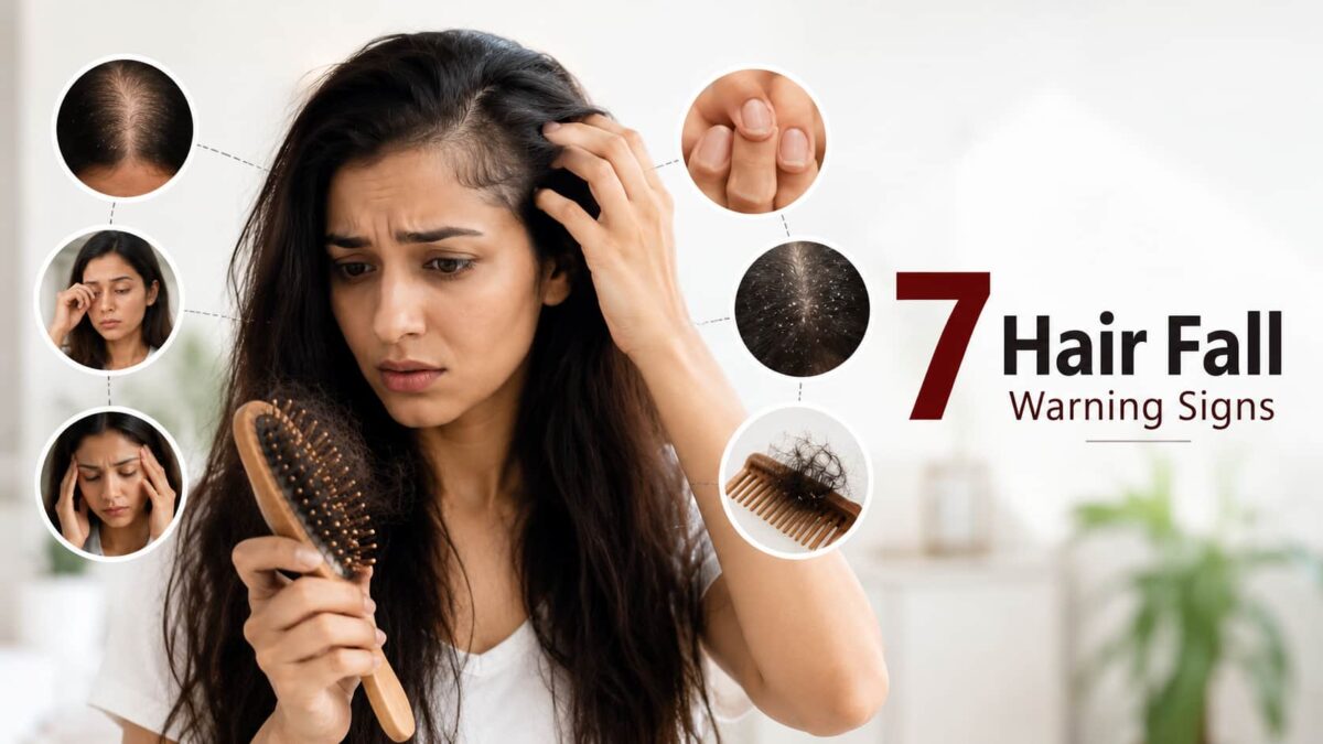 Hair Fall Warning Signs दिखाती एक महिला जो हेयरब्रश में टूटे बाल देख रही है, साथ में बाल पतले होना, स्कैल्प दिखाई देना, डैंड्रफ, तनाव और कमजोर नाखून जैसे शुरुआती संकेत दर्शाए गए हैं।