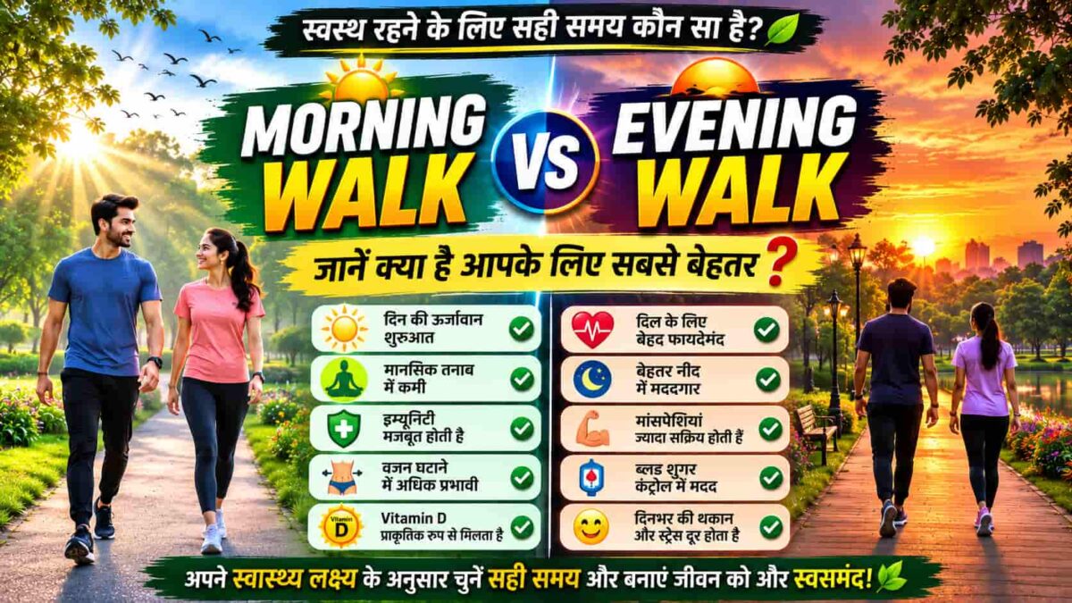 Morning Walk vs Evening Walk comparison in a green park showing sunrise and sunset walking for better health