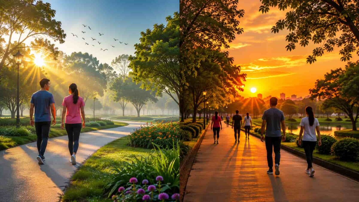 Morning Walk vs Evening Walk comparison in a green park showing sunrise and sunset walking for better health