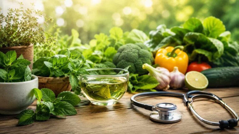 Natural health, Ayurveda and wellness lifestyle with fresh fruits, vegetables, herbal tea and yoga accessories.