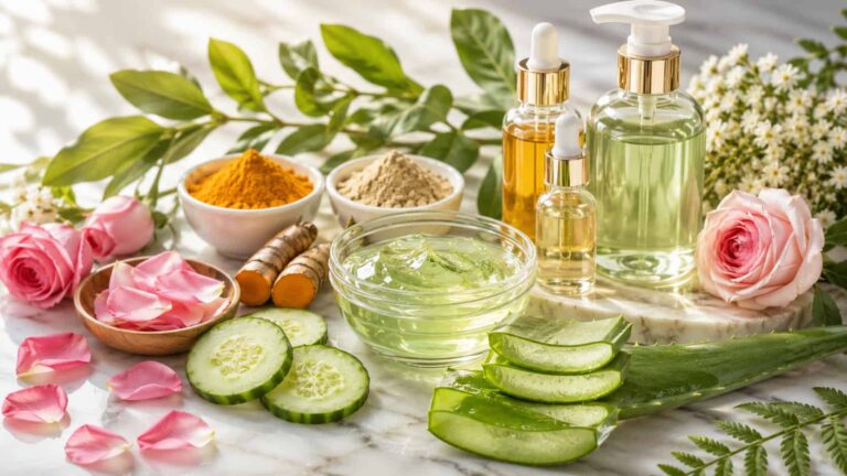 Natural skincare routine with aloe vera, cucumber, rose petals, essential oils and fresh botanical ingredients.