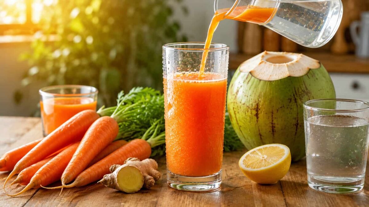 Carrot Glow Refresher बनाने की सामग्री गाजर का रस और नारियल पानी से Carrot Glow Refresher बनाने की सामग्री