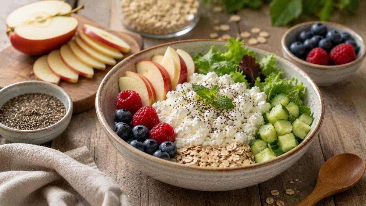 Cottage Cheese के साथ फल, चिया बीज और रेशेदार खाद्य पदार्थ