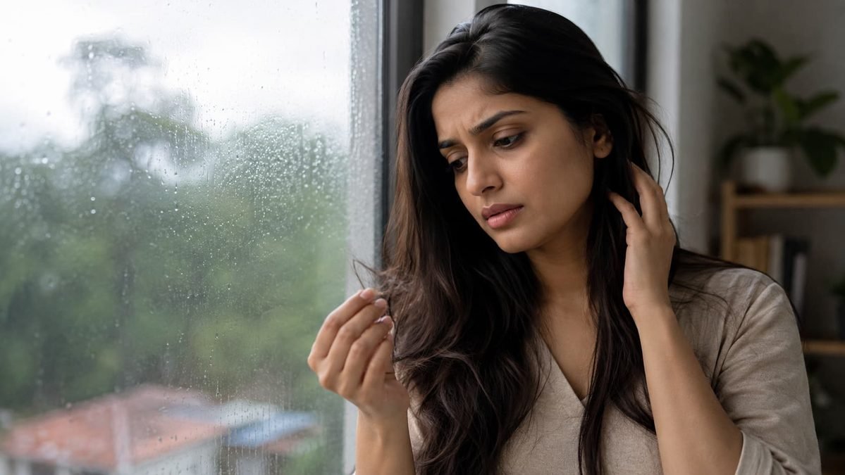 Monsoon Hair Fall के कारण बारिश में बाल झड़ने से परेशान महिला