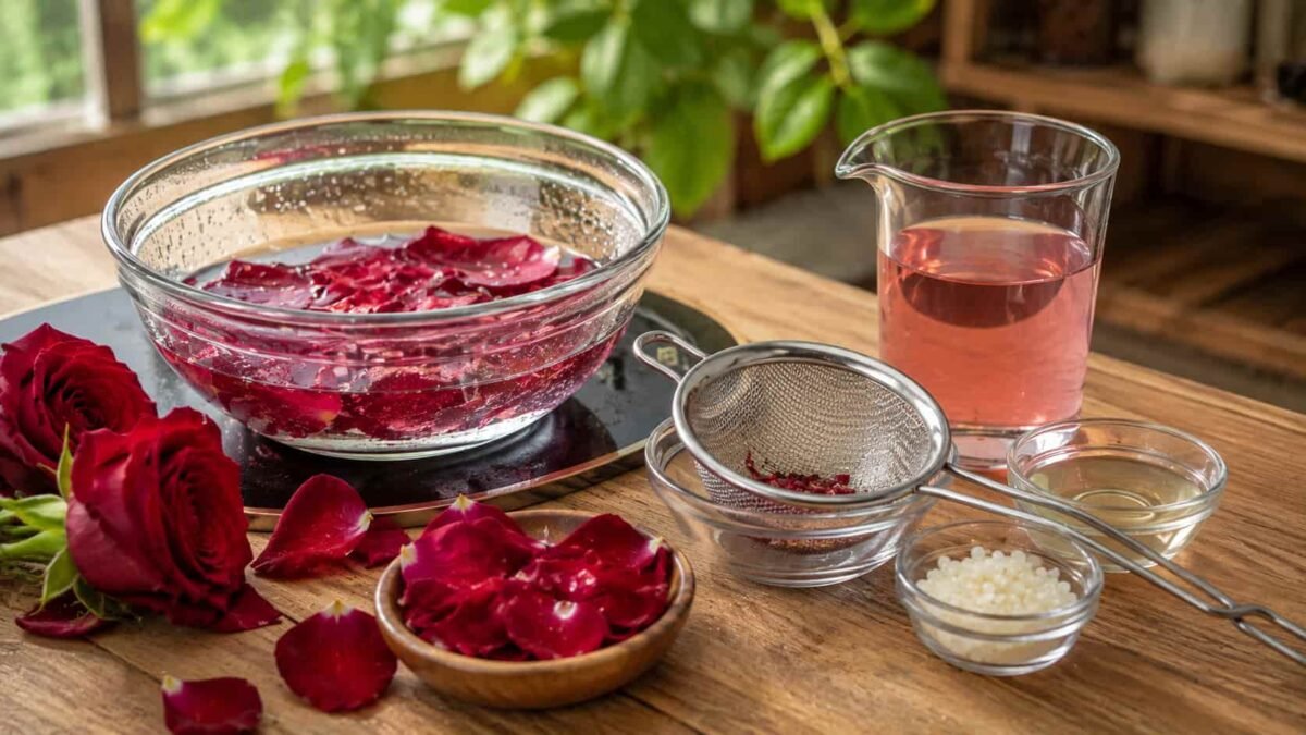 गुलाब की पंखुड़ियों से तैयार पानी में ग्लिसरीन मिलाकर Rose Glycerin Gel बनाने की विधि