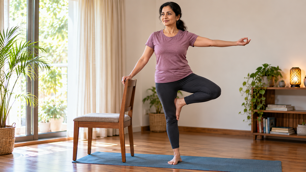 40 के बाद संतुलन का सुरक्षित अभ्यास 40 के बाद yoga: योग मैट पर कुर्सी के पास संतुलन का अभ्यास करता 45 वर्षीय भारतीय व्यक्ति