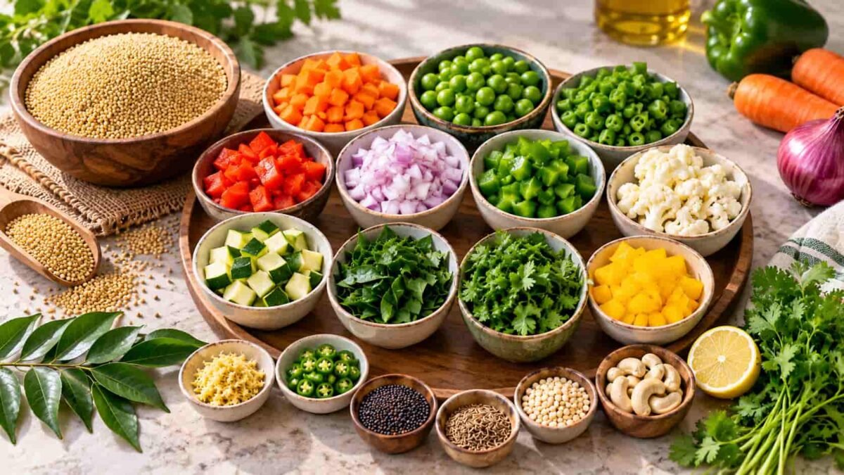 मिलेट उपमा में डालने वाली ताजी सब्जियां और अन्य सामग्री