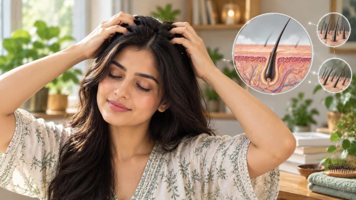 Scalp Massage for Hair Growth की research समझाता realistic scalp massage दृश्य