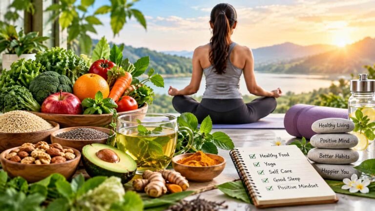 Wellness & Healthy Lifestyle with nutritious food, yoga and self-care