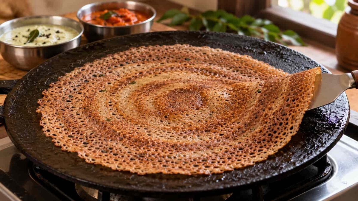 rispy ragi dosa recipe without rice cooking on an iron tawa