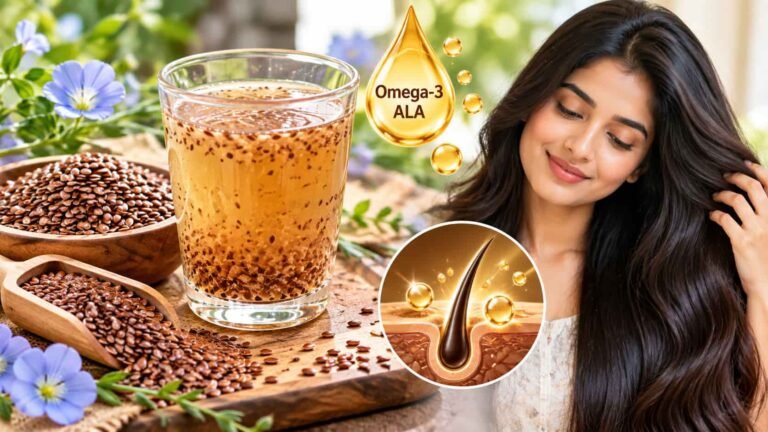 काँच के गिलास में Flaxseed Drink, साथ में साबुत और पिसी अलसी की कटोरियाँ