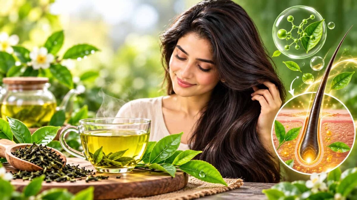 Green Tea for Hair Health Green Tea for Hair Health : कप में ग्रीन टी और पास में चाय की पत्तियाँ, साथ में बालों की जड़ का रेखाचित्र