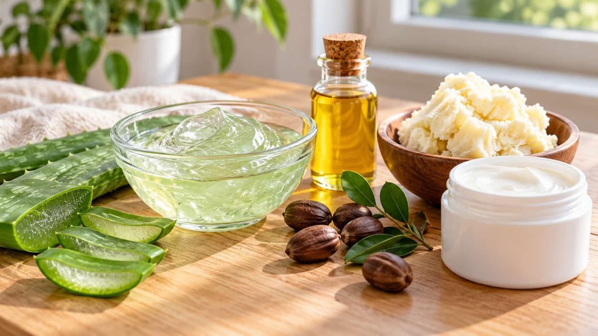 Aloe Butter Calming Cream की घरेलू सामग्री Aloe Butter Calming Cream की घरेलू सामग्री: एलोवेरा जेल, शीया बटर, जोजोबा ऑयल और खाली क्रीम जार
