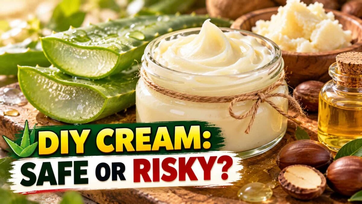 Aloe Butter Calming Cream की घरेलू सामग्री: एलोवेरा जेल, शीया बटर, जोजोबा ऑयल और खाली क्रीम जार