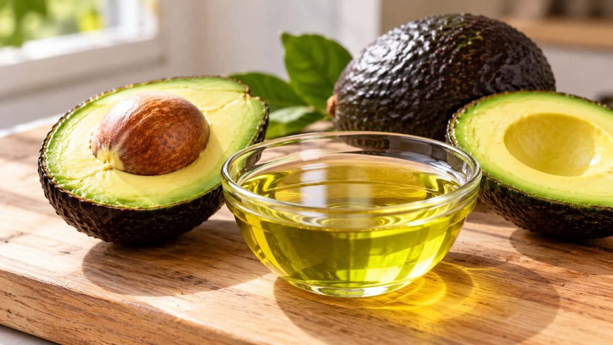 Avocado Oil Benefits: कटे हुए पके एवोकाडो के पास कांच के कटोरे में सुनहरा-हरा एवोकाडो तेल