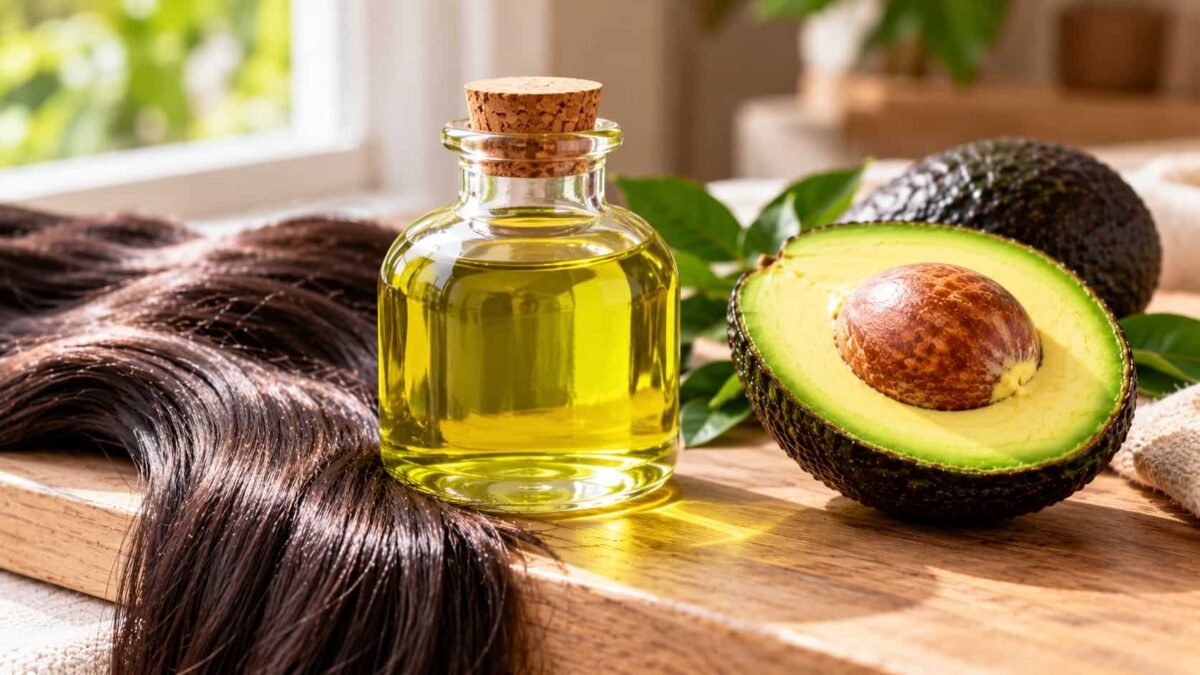 Avocado Oil for Hair: एवोकाडो तेल और चमकदार बाल Avocado Oil for Hair: लकड़ी की सतह पर एवोकाडो तेल की कांच की बोतल, कटा एवोकाडो और चमकदार बाल