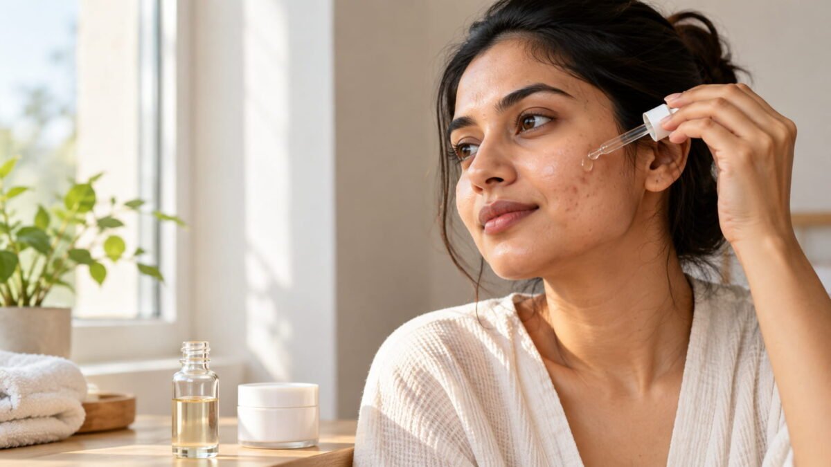 चेहरे पर Azelaic Acid Serum की कुछ बूँदें लगाती भारतीय महिला, त्वचा की प्राकृतिक बनावट दिखती हुई