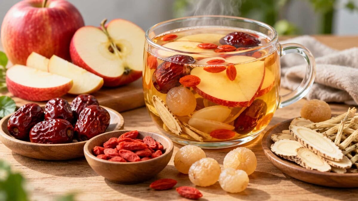 Chinese Apple Beauty Tea: सेब, लाल खजूर, लॉन्गन और गोजी बेरी से बनी गर्म चाय। त्वचा पर इसके असर का सीधा मानव-प्रमाण उपलब्ध नहीं है। Chinese Apple Beauty Tea: काँच के कप में सुनहरी सेब की चाय, पास में लाल खजूर, लॉन्गन और गोजी बेरी