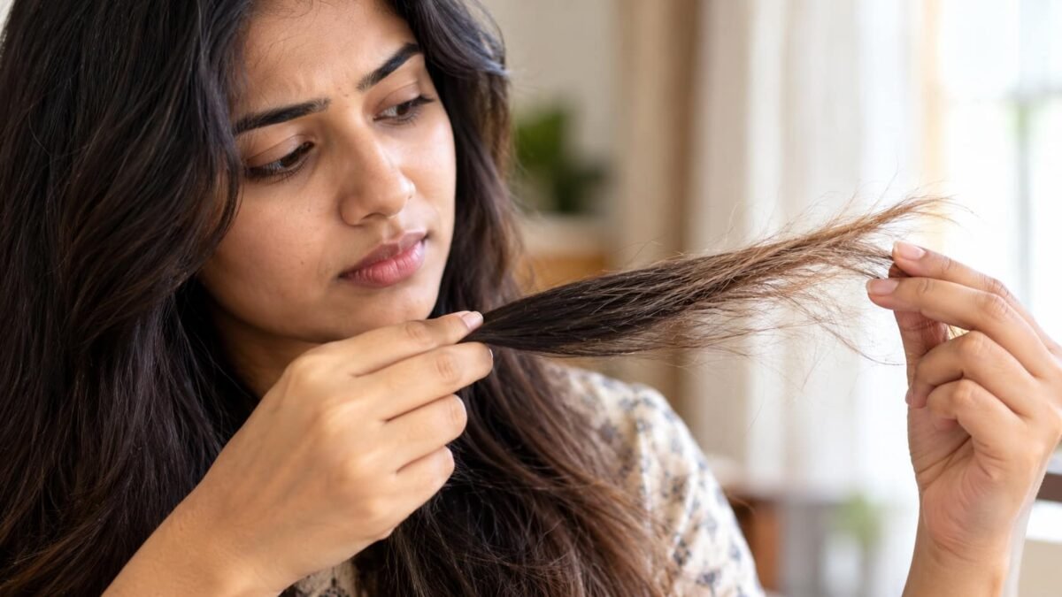 hair-elasticity-kya-hai.webp भारतीय महिला के हाथ में बालों की एक लट, जो हल्के खिंचाव से Hair Elasticity दिखा रही है
