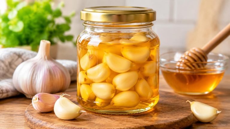 Honey Fermented Garlic : कांच के जार में सुनहरे शहद में डूबी छिली हुई लहसुन की कलियां, रसोई के काउंटर पर