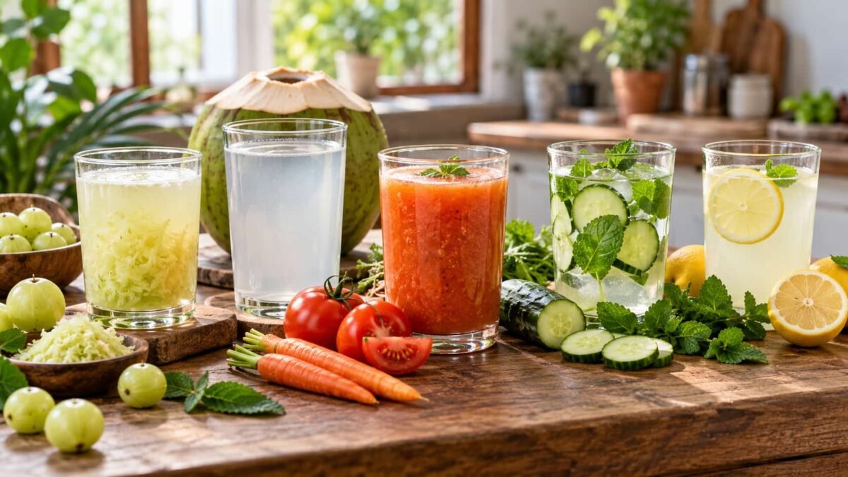 Natural Glow Drinks: लकड़ी की मेज पर रखे आंवला पानी, नारियल पानी, टमाटर-गाजर पेय, खीरा-पुदीना पानी और नींबू पानी