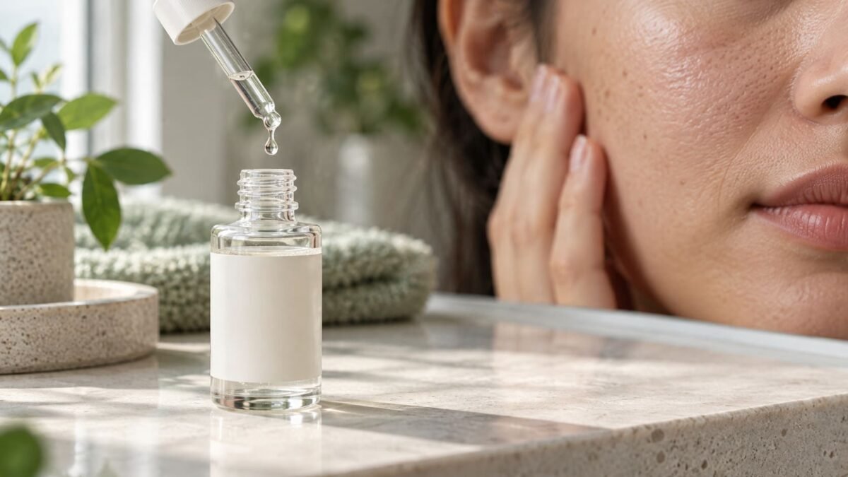 PDRN Serum Benefits काँच की सीरम की शीशी से ड्रॉपर से गिरती एक बूँद, पृष्ठभूमि में असली त्वचा की प्राकृतिक बनावट