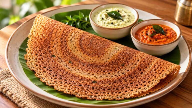 rispy ragi dosa recipe without rice cooking on an iron tawa