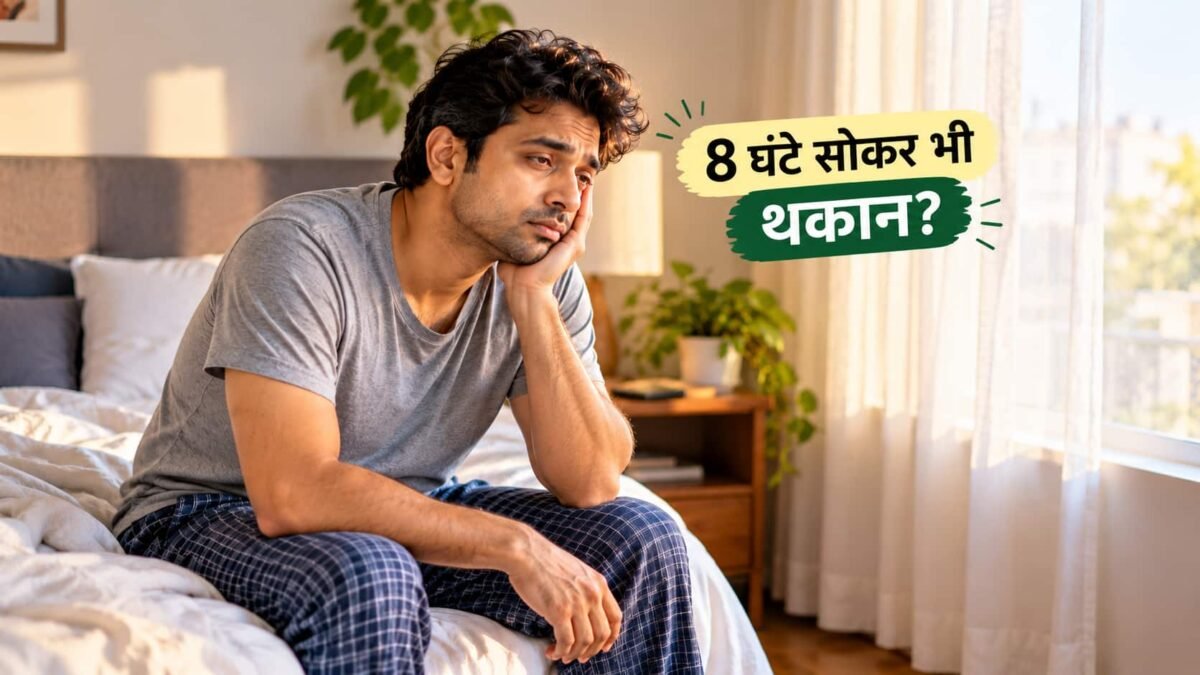 सुबह की हल्की रोशनी में बिस्तर के किनारे बैठा एक भारतीय व्यक्ति, जो जागने के बाद थोड़ा सुस्त और विचारमग्न दिख रहा है (Sleep Inertia का प्रतीकात्मक चित्र)