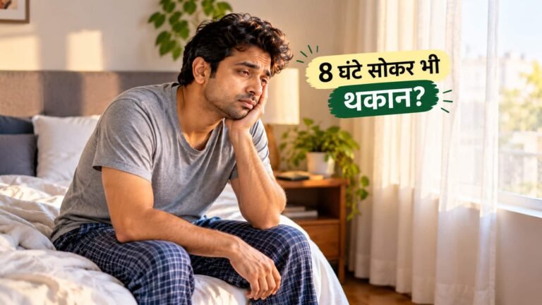 सुबह की हल्की रोशनी में बिस्तर के किनारे बैठा एक भारतीय व्यक्ति, जो जागने के बाद थोड़ा सुस्त और विचारमग्न दिख रहा है (Sleep Inertia का प्रतीकात्मक चित्र)